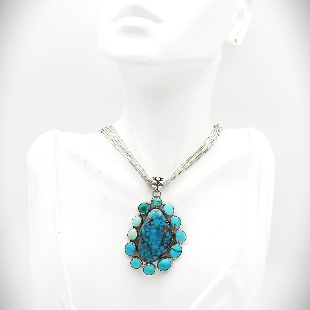 SOUTHWEST Sterling Silver Turquoise Pendant & Liquid Silver Chain Necklace - Picture 9 of 10